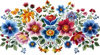 Colorful folk art floral arrangement with blue, pink, and orange wildflowers, decorative leaves and berries in traditional European style on white background.