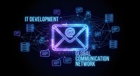 Glowing neon email icon with network connections on dark background, representing IT development and global communication network concept.