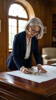 Senior businesswoman architect reviewing blueprints at wooden desk in elegant office with arched window for professional consulting services.