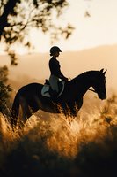 Silhouetted equestrian rider on horseback in golden grassland at sunset, wearing helmet and riding gear for sport and leisure activities.