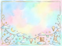 Pastel watercolor nursery border with whimsical elements including teddy bear, bunny, hot air balloons, clouds, stars and bunting flags. Soft rainbow gradient background with gold frame. Isolated design perfect for baby shower invitations, greeting cards, wall decals and children's room decoration.