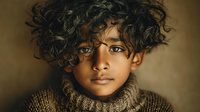 Young mixed-race boy with curly dark hair wearing cozy knit sweater portrait with warm lighting and neutral background for lifestyle photography.