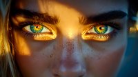 Young woman with striking green eyes and golden makeup in dramatic lighting showcasing beauty and fashion concepts for cosmetic advertising campaigns.