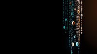 Digital binary code streams flowing vertically on dark background with glowing blue and orange numbers creating cybersecurity and technology concept.