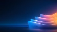 Glowing neon curved layers with gradient color from blue to orange on dark background, abstract modern minimalist design for technology presentation.