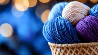 Colorful yarn balls in woven basket against blurred bokeh background, featuring blue, purple and beige wool skeins for knitting and crafting projects.