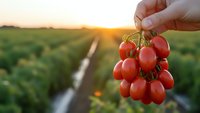 Hand holding fresh ripe red tomatoes bunch at sunset in agricultural field with irrigation rows for organic farming and healthy food production.