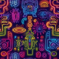 Vibrant neon tribal symbols and mystical elements form seamless pattern on dark background. Ancient glowing signs create psychedelic abstract composition for modern design.