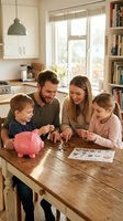 Happy Caucasian family with two children counting coins from pink piggy bank at kitchen table, teaching kids financial literacy and money management.