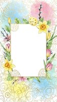 Watercolor Easter frame with spring flowers, decorated eggs and blank space for text. Festive border design for greeting cards and seasonal projects.