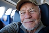 Senior Caucasian man with gray beard wearing casual cap and sweater smiling warmly while seated in airplane, expressing contentment during air travel.