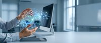 Businessman hands creating digital holographic projection from computer screen with glowing particles and light effects in modern office environment.