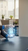 Businessman in blue shirt and white gloves holding glowing digital padlock hologram above desk, representing cybersecurity, data protection, and network security solutions for business.