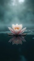 Serene pink water lily floating on calm dark water with soft reflection and dreamy bokeh background for meditation and wellness concepts.