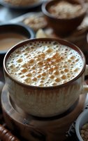 Traditional masala chai tea with frothy milk and spices in rustic ceramic cup, perfect for cozy mornings or afternoon refreshment.