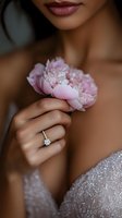 Close-up of African American bride wearing sparkly wedding dress and diamond ring, holding delicate pink peony flower against dark background. Perfect for bridal marketing.