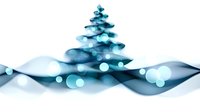 Abstract winter holiday composition featuring stylized blue Christmas tree silhouette with glowing bokeh lights on flowing wave background in cool tones.