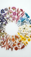 Colorful dried flowers and plants arranged in circular pattern on white background. Natural botanical specimens forming decorative wreath for crafts and design.