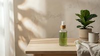 Natural skincare serum bottle with pump dispenser on wooden shelf beside houseplant in sunlit bathroom interior with soft shadows and neutral tones.