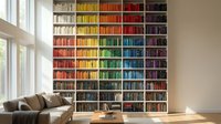 Modern home library with colorful rainbow organized bookshelf wall featuring thousands of books arranged by color spectrum in contemporary living room interior.