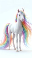 White unicorn with flowing rainbow mane and tail, isolated on white background. Perfect for children's designs, merchandise, and fantasy-themed projects.