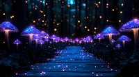 Magical glowing mushrooms in dark forest with illuminated path and bokeh lights creating enchanted nighttime woodland scene. Fantasy nature background.