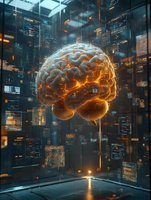 Glowing brain model surrounded by digital interfaces and code displays in futuristic environment, representing artificial intelligence and neural networks.