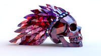 Crystal skull with vibrant pink and purple geometric wings, side view on white background, modern art sculpture design with metallic reflective surface and faceted details.