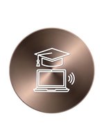 Online education concept with graduation cap and laptop on bronze metallic circle background for digital learning platforms and e-learning websites.
