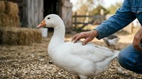 Person in denim shirt hand-feeding white domestic goose on farm with hay and wooden fence in background.