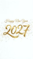 Happy New Year 2024 greeting card with gold metallic numbers and confetti on white background, isolated and ready for holiday design, invitations, and celebrations.
