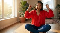 Happy young African American woman celebrating success sitting cross-legged on floor in bright modern living room with plants and natural sunlight.