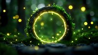 Glowing neon circle portal surrounded by luminous moss and magical particles, perfect for fantasy game backgrounds, digital art, and mystical themed designs.