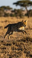 Serval cat leaping through golden grassland during sunset in African savanna with acacia trees in background for wildlife and nature content.