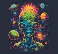 Colorful alien portrait with glowing red eyes surrounded by vibrant planets and stars in space, featuring neon colors and cosmic atmosphere. Great for sci-fi designs.