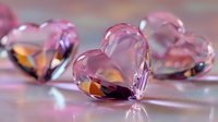 Translucent pink crystal hearts on reflective surface with soft pastel background, creating romantic atmosphere for Valentine's Day designs.