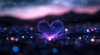 Glowing heart shape formed by magical sparkles against dark background with pink aurora and blue bokeh lights creates romantic dreamy atmosphere.