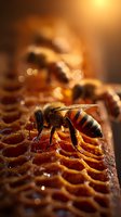 Honey bee collecting nectar on golden honeycomb in warm sunset light, showcasing detailed insect anatomy and natural beekeeping process.