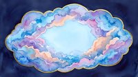Watercolor cloud frame with golden outline in blue, purple, and peach tones on dark navy background, forming an oval copy space.