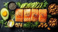 Fresh raw salmon fillets with healthy ingredients - avocado, almonds, chia seeds, herbs and greens on dark stone background. Clean eating food concept.