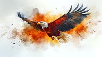 Majestic bald eagle soaring through dramatic orange and black watercolor splash effect background, wings spread wide in powerful flight pose against abstract sky.