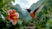 Rufous hummingbird hovering near coral hibiscus flower in garden setting, wings spread in mid-flight against soft green natural background.