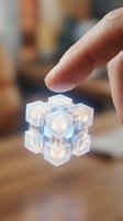 Finger touching glowing translucent cube with illuminated core, showcasing futuristic technology and innovation concepts for digital transformation and advanced computing applications.