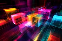 Glowing neon cubes floating in dark space with vibrant pink, orange, and blue light trails creating futuristic abstract geometric composition against black background.