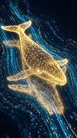 Golden wireframe whale swimming through digital ocean waves with glowing particles and light trails for technology and marine conservation concepts.