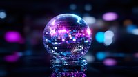 Glowing disco ball with vibrant purple and blue reflections on dark background creates nostalgic retro party atmosphere, mirror ball catching colorful lights.