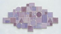 Abstract geometric composition with purple and lavender shapes arranged in mosaic pattern on white background for modern interior design projects.