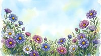 Watercolor wildflower meadow border with purple and blue daisies on white background. Floral frame for spring greeting cards, invitations, botanical designs.