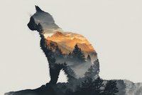 Double exposure silhouette of cat with mountain landscape and forest at sunset, creating artistic nature-inspired composition for wildlife themes.