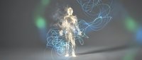 Futuristic digital human anatomy with glowing neural networks and energy flows for medical technology presentations and healthcare innovation concepts.
